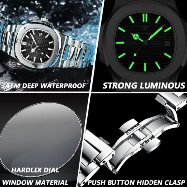 Poedagar Man Fashion Wristwatch Business Stainless Steel Band Quartz Men Watch Waterproof Luminous Date Square Men's Watches
